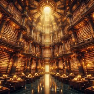 an overflowing library with fire of God coming off pages