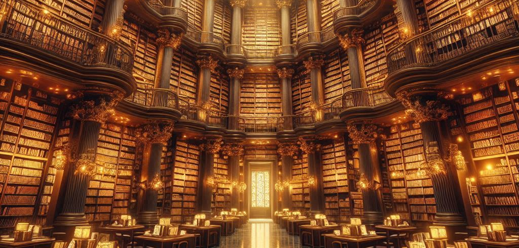 an overflowing library with fire of God coming off pages