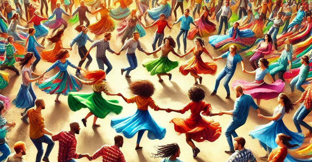 many in a circle becoming one as they spin