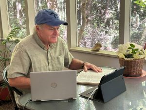Dr. David White hosting Global Harvest Missions radio program on Grace Radio in Mbarara, Uganda from his back porch in Moravian Falls, NC