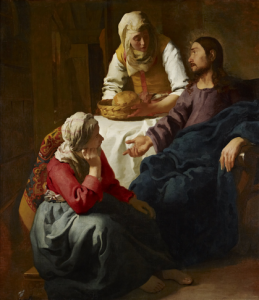 Mary sitting at the feet of Jesus and Martha serving Jesus