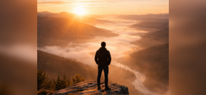 Man standing on mountain on Golden Morning