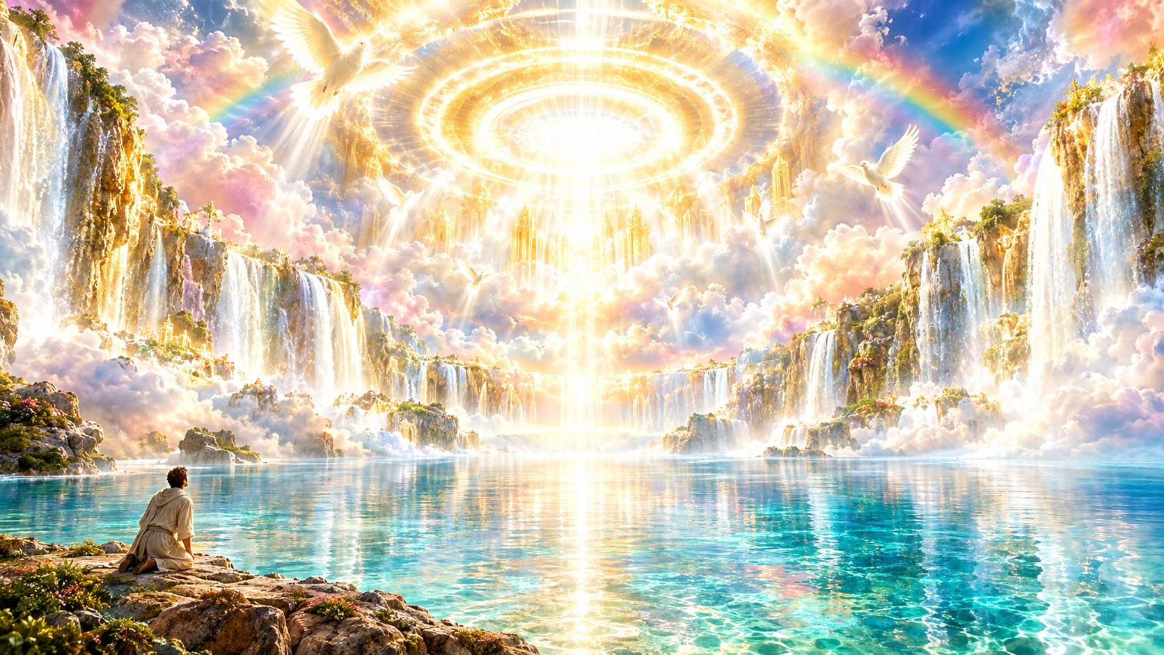 Open heaven with waterfalls of light and descending doves - revealed to us through His Spirit
